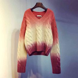 High Quality Autumn Winter Gradient Hit Colour Patchwork Long Sleeve Loose Wild Women's Pullover Knitted Sweater Pull 210514