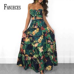 FANIECES Elegant Women Summer Long Maxi Dresses beachwear Two Piece Set Hollow Out Crop Top Skirts Floral Print 2 Suits 210520