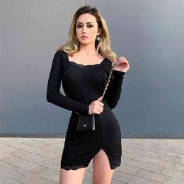 Autumn Spring Women Sexy Lace Patchwork Long Sleeve Split Dress Hip Package Mini Vestido Party Club Low Chest Outfits Cloth 210607