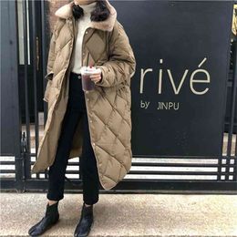 Winter Women Fur Collar Oversize Rhombus Pattern Long Parkas Pocket Female Warm Cotton Overcoat Single Breasted Outwears 210913