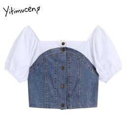 Yitimuceng Patchwork Denim Blouse Women Crop Top Button Puff Sleeve Square Collar Shirts Summer Korean Fashion Tops 210601