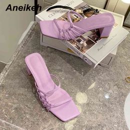 Summer Sapatos Das Mulheres Concise Sewing Squared Toe Slippers PU High Heels Slides Outside Solid Casual Purple 210507