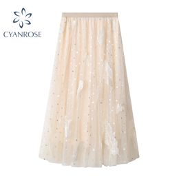 Mesh Cloth Fairly Skirt Chic Print Elegant Tulle Quality Wrinkled Clothing Retro High Waist Elastic Ins Mori Girl Tutu Clothes 210417