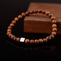 6mm Natural Wood Buddhist Prayer Buddha Bracelet Men Hommes Metal Geometric Beads Elastic Bracelet Charms Jewelry Gifts