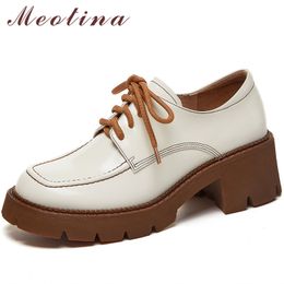 Platform Med Heels Genuine Leather Women Shoes Lace Up Chunky Heel Pumps Round Toe Casual Footwear Female Spring White 210517