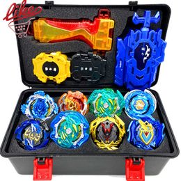 Laike Burst Toolbox Set Flame 8PCS Limit Version Spinning Top with Sparking Launcher Handle Receiving Stroage Box For Child Gift X0528