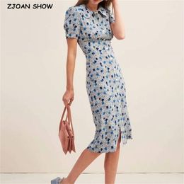 Elegant French style Women Floral Print Shirt Dress Office Ladies Single-breasted Buttons Lapel Retro Summer Dresses Vintage 210429