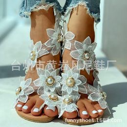 Women Artisanal Sandals Summer Women's Floral Pearl Flat Toe Ring Beach Shoes Dress Sweet Ladies Sandalias