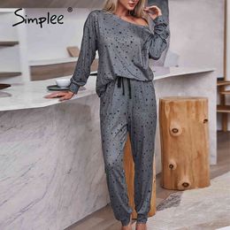 Casual Polka dot star print women Spring sash two piece set jumpsuit female Loose leisure wear long sleeve 210414