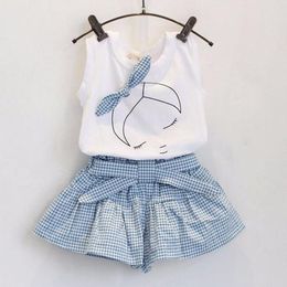 toddler summer clothes Kids Girls Cute Bow Pattern Shirt Top Grid Shorts Set Clothing Summer Casual Baby Set 2 3 4 5 6 7Years#2 Q0716