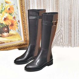 2021 Sell Well Fashion women Knee Boots Genuine Leather Cotton Fabric letters round head middle boot for cowboy booties