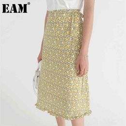 [EAM] High Elastic Waist Yellow Floral Ruffles Sashes Elegant Half-body Skirt Women Fashion Spring Autumn 1DD7848 21512