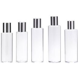 Refillable Plastic Clear Bottle Flat Shoulder PET Shiny Silver Cover With Inner Plug Empty Portable Cosmetic Packaging Container 100ml 120ml 150ml 200ml 250ml