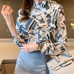 Korean Women Shirts Chiffon Blouses Long Sleeve Tops Woman Striped Print Blouse Plus Size Floral Shirt 210604