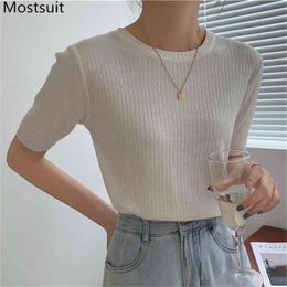 Summer Thin Knitted T Shirt Tops Women Short Sleeve O-neck Solid Basic Tees Korean Casual Fashion Female T-shirt Femme 210513