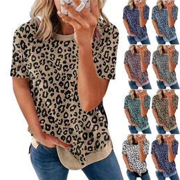 Tshirt Leopard Short Sleeves Top for Women O-Neck Patchwork Casual Loose Pullover T-shirts Summer Womens Oversized T Shirt Khaki 210604