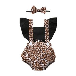 Rompers CitgeeSummer Infant Baby Girls Stitching Bodysuit + Bow Headband Leopard Print Shoulder Strap Clothing