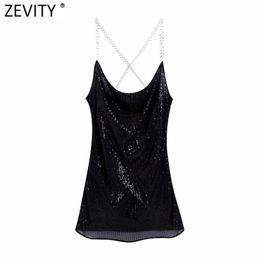 Women Sexy V Neck Black Sequins Sling Mini Dress Female Diamond Chain Strap Club Wear Vestido Party Dresses DS4816 210420