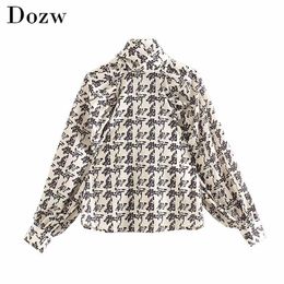 New Turtleneck Choker Print Neck Women Blouse Shirt Autumn Ladies Lantern Sleeve Loose Tops Stylish Female Office Shirt 210414