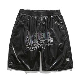 Shiny Leather Shorts Men Summer Reflective Letter Printed Beach Pants Fashion Harajuku Plus Size 5XL Trousers Male 210714