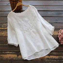 100% Cotton Plus Size Women Tshirt Summer style Half Sleeve Loose Tee Shirt Vintage Embroidery O-neck Femme Tops D346 210406