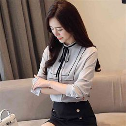 autumn women blouse bow tie OL style fashion solid elegant chiffon top long sleeves slim fit trim blusa 1057 40 210506