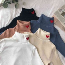 Knitted Women Sweater Ribbed Pullovers Heart Embroidery Turtleneck Autumn Winter Basic Women Sweaters Fit Soft Warm Tops 210812