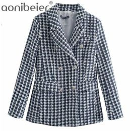 European Women's Clothing Spring Houndstooth Double Breasted Chunky Suit Vintage Office Lady Jacket Coat 210604