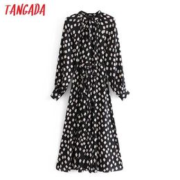 Tangada Spring Fashion Women Geometry Print Bow Tie Shirt Dress Long Sleeve Office Ladies Midi Dress With Slash 3A61 210706