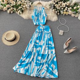 SINGREINY Women Summer Design Korean Vacation Set O Neck Sleeveless Short Tops+High Waist A-line Maxi Skirt Two Piece Suits 210419