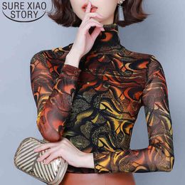 Fashion Korean Clothes T Women Office Long Sleeve Top Slim Floral Turtleneck Harajuku Shirt Plus Size 7499 50 210415