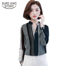 Autumn Fashion Long-sleeved Women Blouse Printing Striped V-neck Casual Thin Slim Chiffon Shirt Top 875B 30 210415