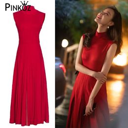 celebrity designer stylish red standcollar sleevless pleated maxi A-line party birthday dress summer holiday lady women 210421