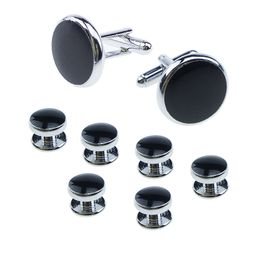 Mens Cufflinks and Studs Set Tie Clasp Cuff Links Shirts Classic Black&Silver Match for Business Wedding Formal Suit Imitation Rhodium & Gold Plated