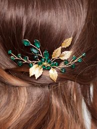 crystal hair combs wedding Australia - Headpieces Vintage Golden Bridal Hair Comb Green Rhinestone Handmade Jewelry Women Hairpieces Crystal Wedding Accessories Clips