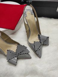 Designer-Designer fashion women shoes stripe bow slingback point toe stiletto heel high heels pumps bride wedding shoes brand