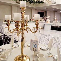 decoration Gold 5 Heads Crystal flowers stand Candelabra Candles Holder Wedding Centrepiece Flower Bowl Candle Holder With Pendants imake117