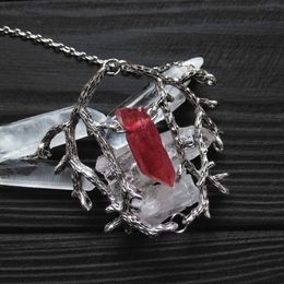 Pendant Necklaces Red & Transparent Quartz Stone Branch Necklace Gothic Jewelry Witch Style Amulet Dark Forest Pagan Magic Wizard Myster