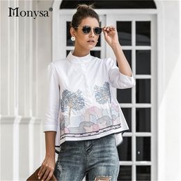 Embroidery Shirt Women Summer Autumn Arrival Fashion 34 Sleeve Casual Blouses Ladies White Doll Shirt 220812