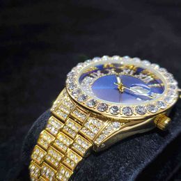 Missfox Big Diamnd Bezel Gentleman's Watch Blue Round Dial Dial do Male Male Busins ​​de luxo de luxo manchas de aço Man quartzo relógio