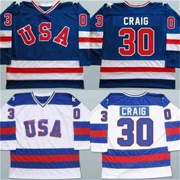 MThr Mens 30 Jim Craig Jersey 1980 Miracle On Ice Hockey Jerseys 100% Stitched Embroidery Team USA Hockey Jerseys Blue White S-3XL