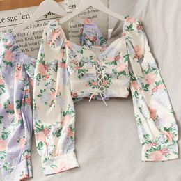 Women's Blouses & Shirts Retro Print Long-sleeved Shirt Tops 2022 Spring And Summer All-match Floral Puff Sleeves Belly Button Tube Top Blou