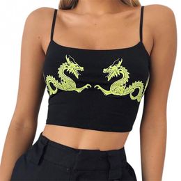 Women Casual Dragon Pattern Crop Tops Summer Cropped Sexy Tight Attractive Fitness Polyester U Neck Fashion Sleeveless Straps 220607