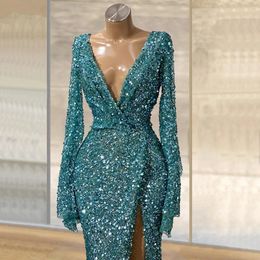 Blue Glitter Sequins High Split Prom Evening Dress Long Sleeves Sexy Deep V Neck Plus Size Custom Made Floor Length Bridesmaid Plus Size