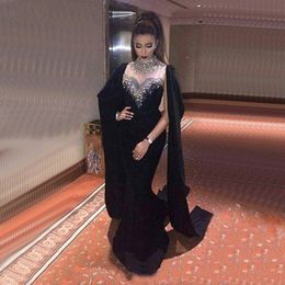 Dubai Black High Collar Mermaid Evening Dresses Design Diamond Beading Sleeveless Formal Prom Gowns