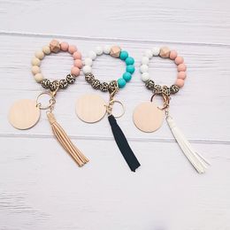 Food Grade Silicone Beads Solid Color Leopard Bracelet Keychain Tassel Blank Disc Keyring Wholesale Women's Multicolor Optional