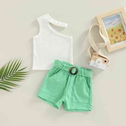 Citgeett Summer Kids Girl Outfit Set Solid Colour Ribbed Sleeveless Tops Elastic Waist Shorts Belt Clothing J220711
