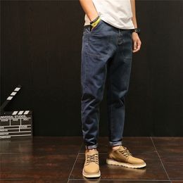 Plus Size Vintage Solid Colour Ankle-Length Jeans Man Cuffs Plus Size Blue Denim Pants Mens Trousers Male Clothes RMP175032 201128