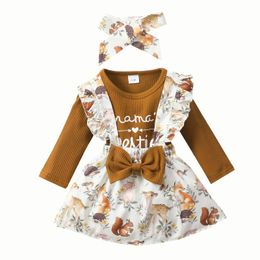 Clothing Sets Infant Baby Girls Outfits Letter Ribbed Romper Tops Floral Cartoon Suspender Skirt Headband Clothes Set Children GirlClothing