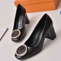 Dress Shoes Women High Heels Designer Vintage Square Toe Chunky Heeled Circle Buckle Shallow Mouth Working Wedding Shoes 220228